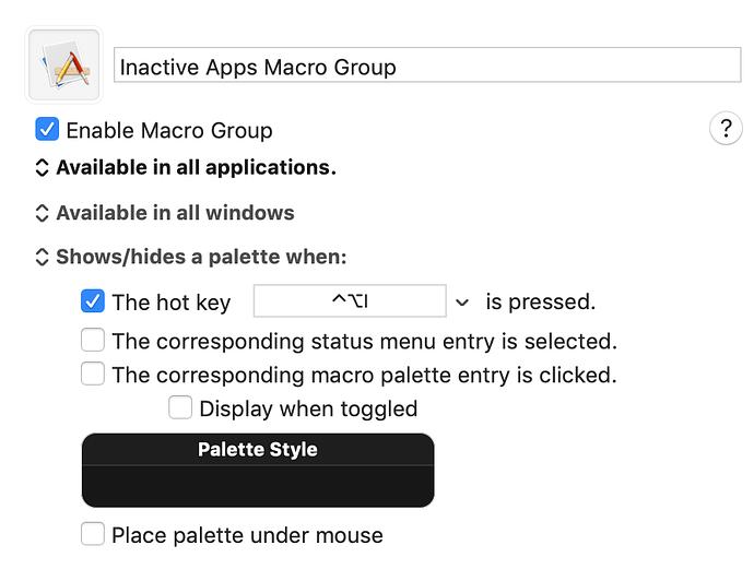 Macro group with application-triggered (quit) macros