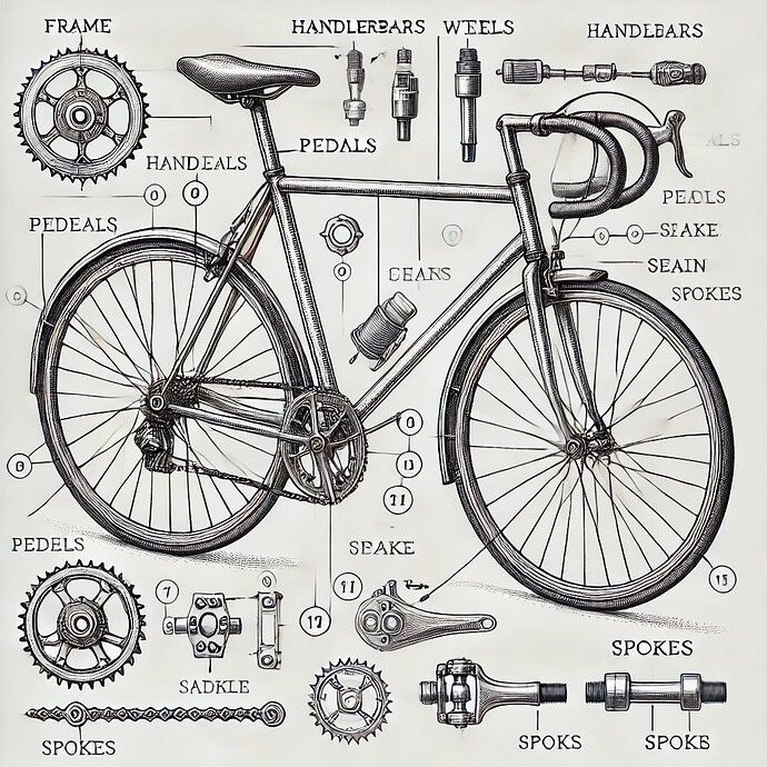 DALL·E 2025-02-19 18.04.06 - A detailed line-drawn illustration of a bicycle, with each part clearly labeled. The drawing should include key components such as the frame, handleba