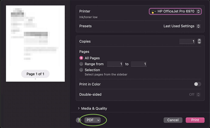 Numbers Print Dialog