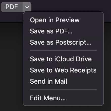 Numbers Print Dialog PDF Dropdown Menu