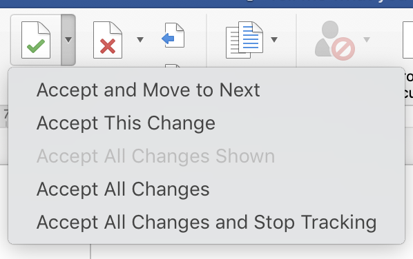shortcut to accept track changes in word