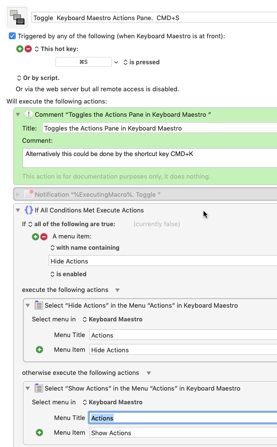 KMN Keyboard Maestro Editor Toggle Action Pane